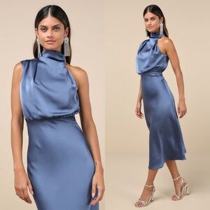 NWT LULUS Satin Mockneck Sleeveless Asymmetric Bodice Midi Wedding Guest Dress S